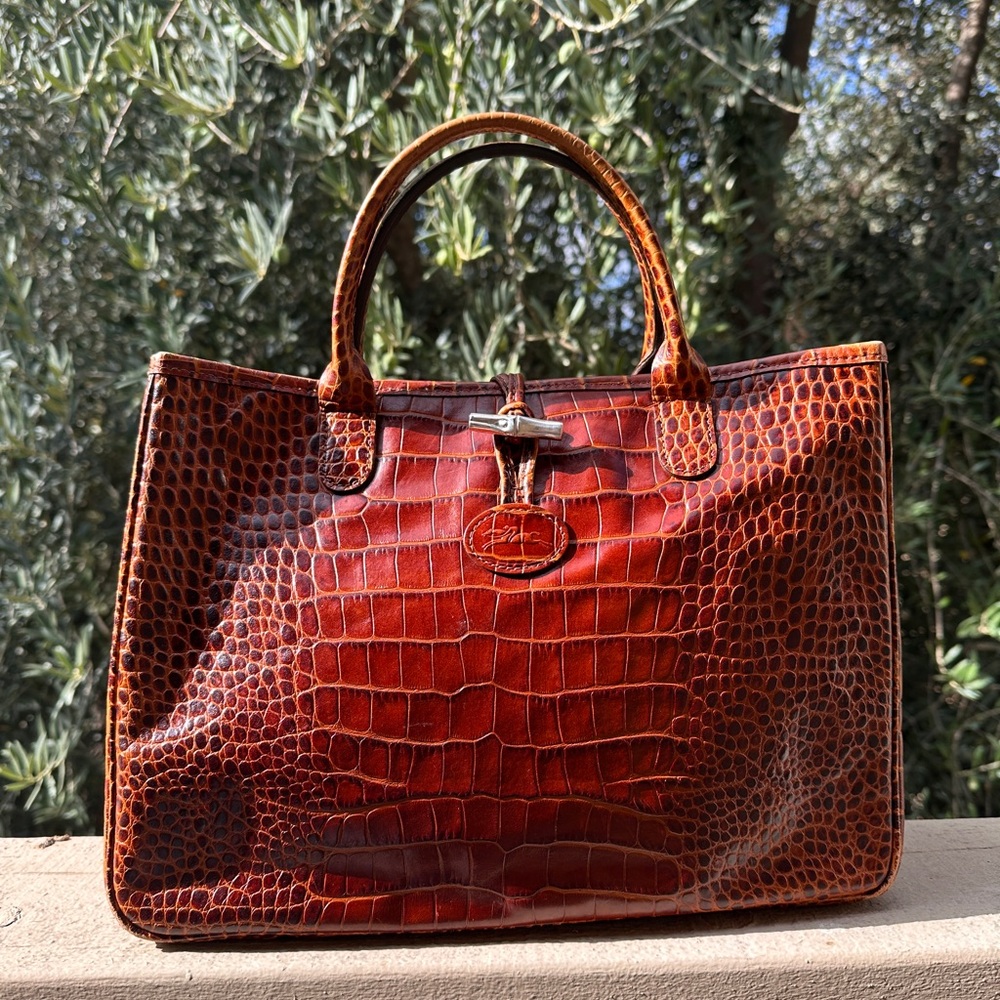 SOLD ❌ Longchamp Tote Crocodile Embossed Leather Handbag Roseau Brown